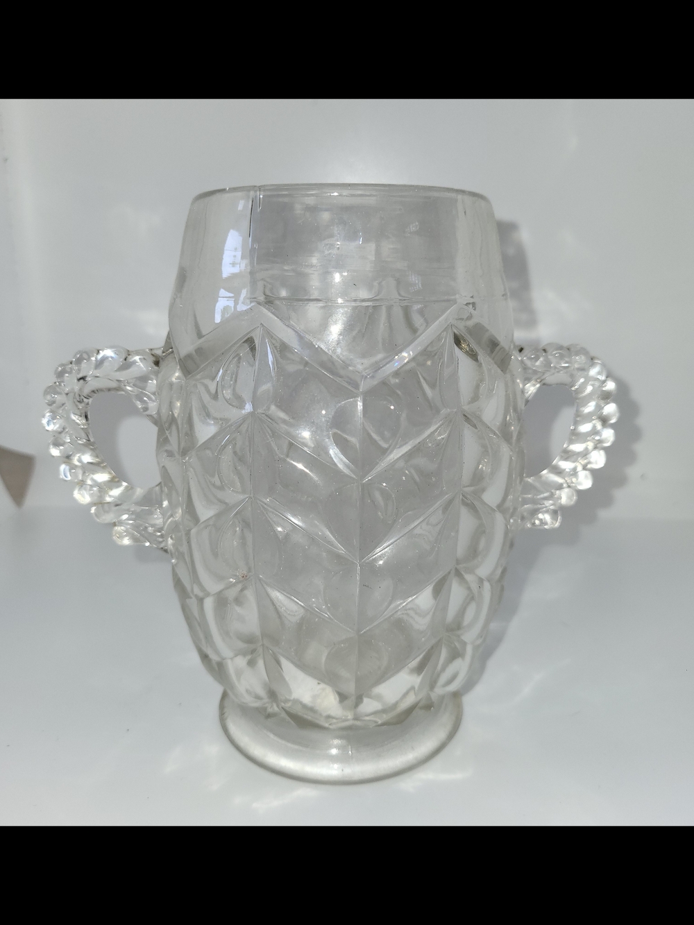 Vintage Model Flint Glass Celery Server, Mitered Prism & Twisted Handles, 6" H